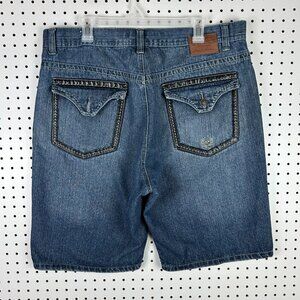 Phat Farm 90s Baggy Jean Shorts - 38 Stitched Flap Pocket Streetwear Blue Skater